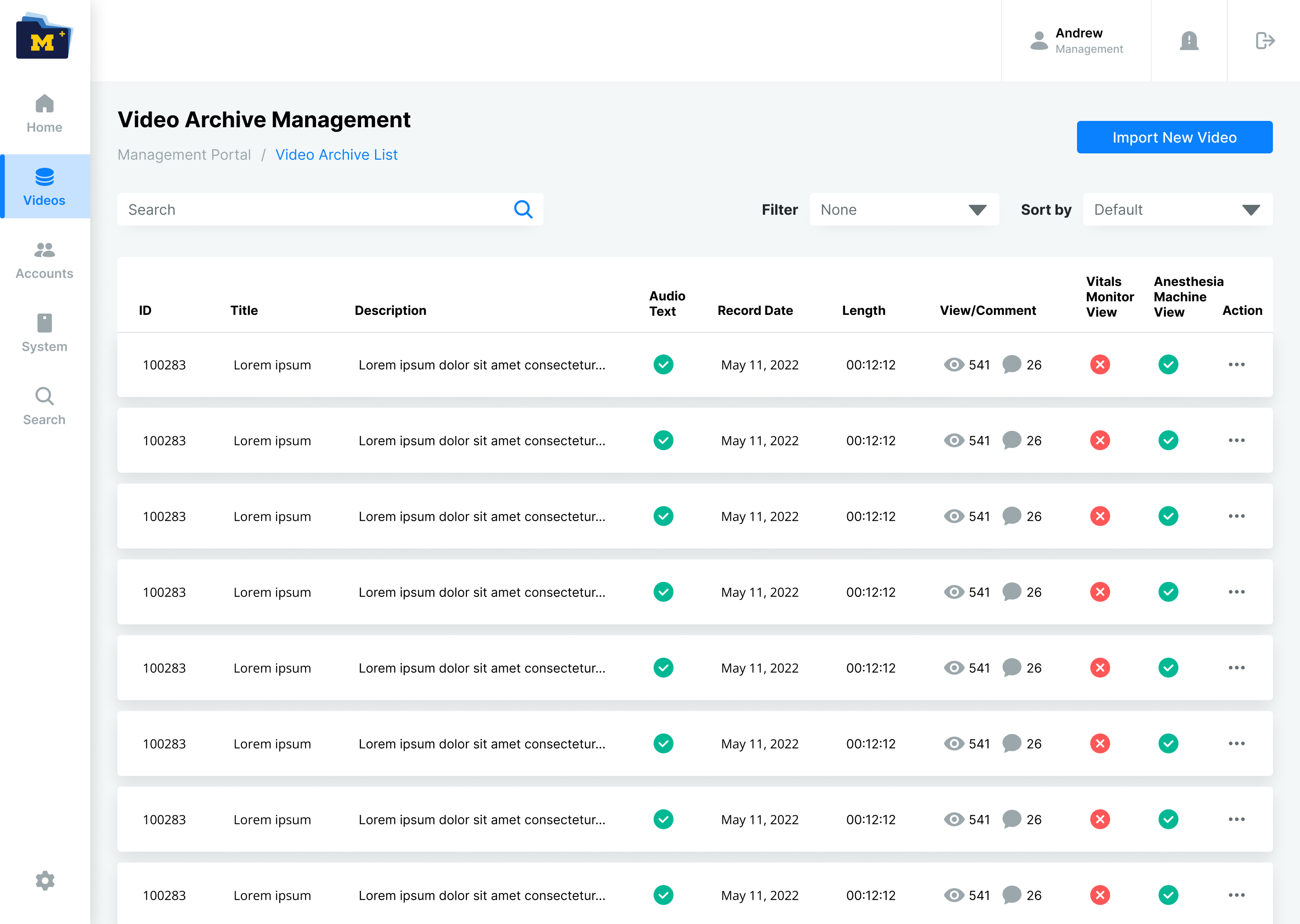 MedSim video archive management interface, with search, filters, recording metadata and access controls